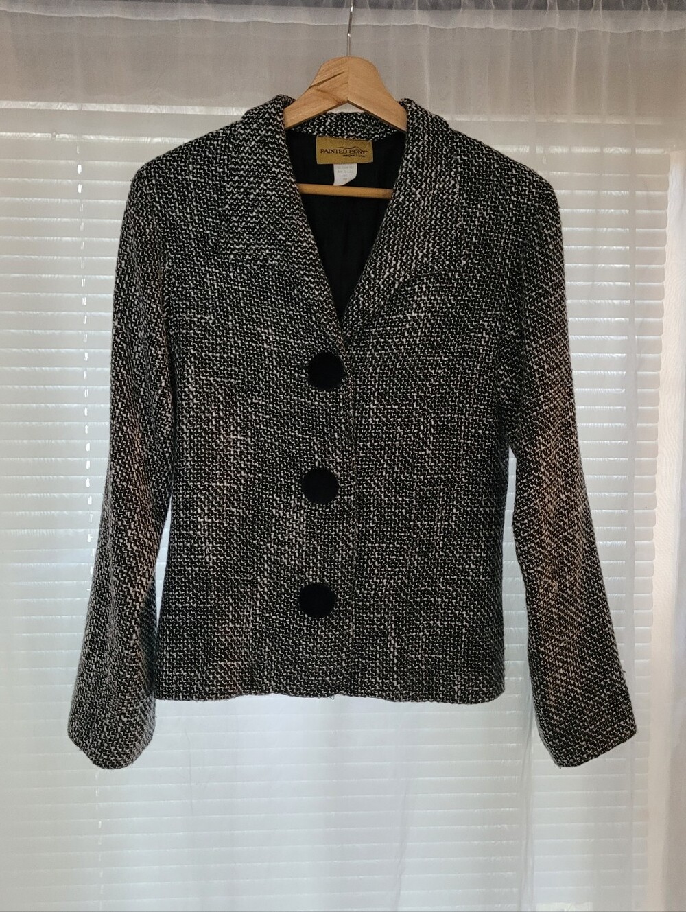 Painted Pony Vintage Marled black & White Textured Jacket Small Bitton Front